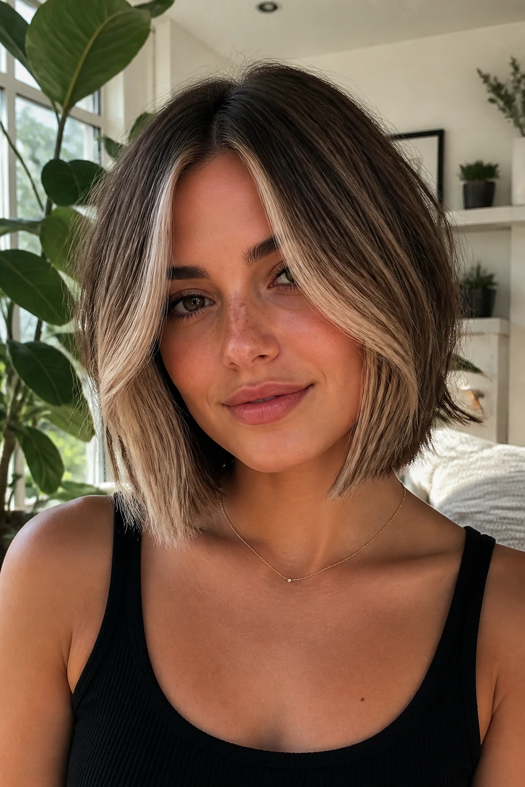 Portrait of real woman with layered bob and money-piece highlights
