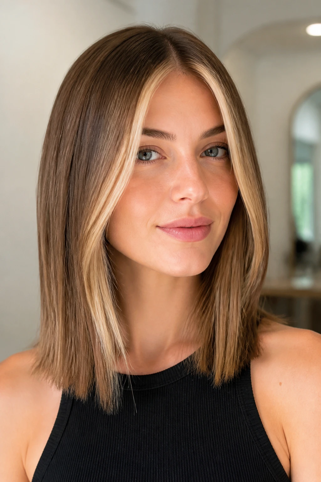 Close-up of a real person with money piece highlights framing the face on straight medium-length hair