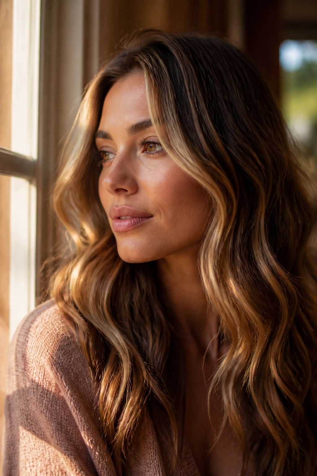 Close-up of a woman's face with money piece highlights on wavy hair
