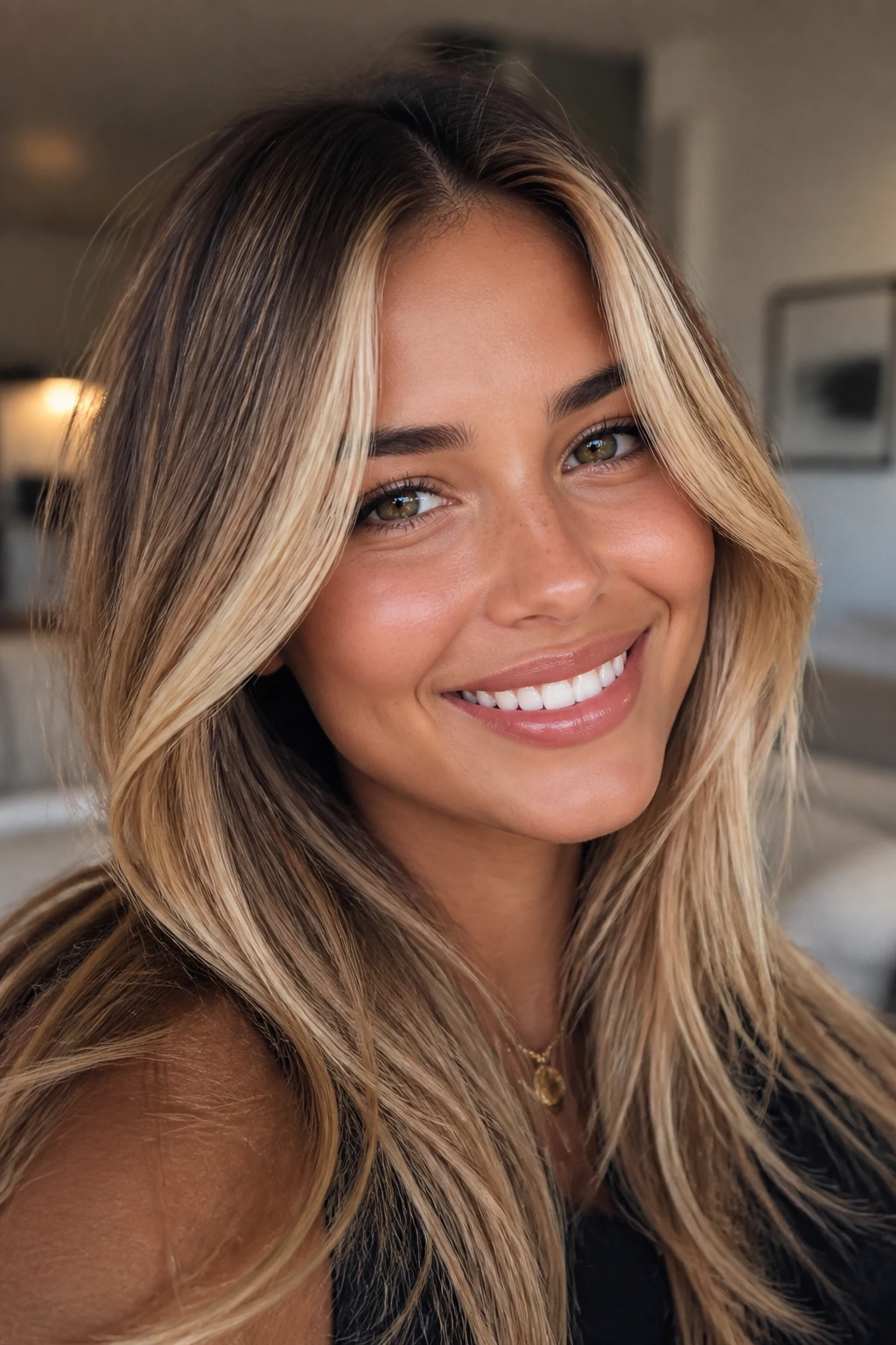 Portrait of a woman with a bright money piece honey blonde framing her face