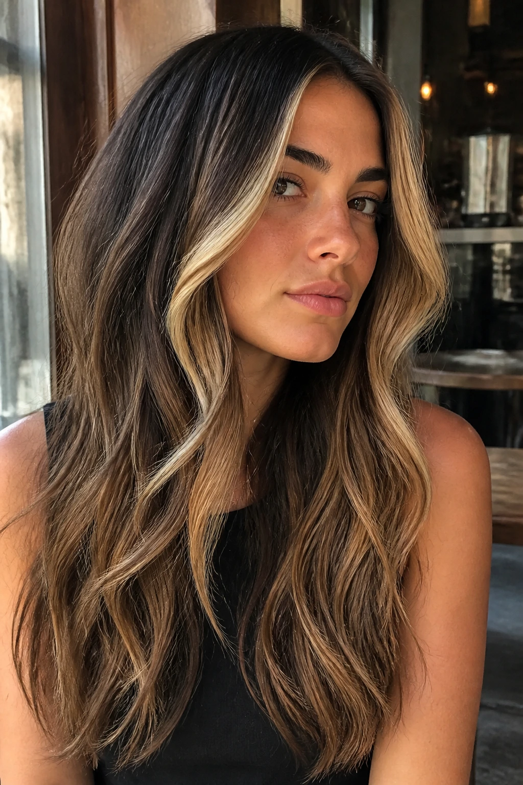 Portrait of a person with money piece hair framing the face with light front highlights
