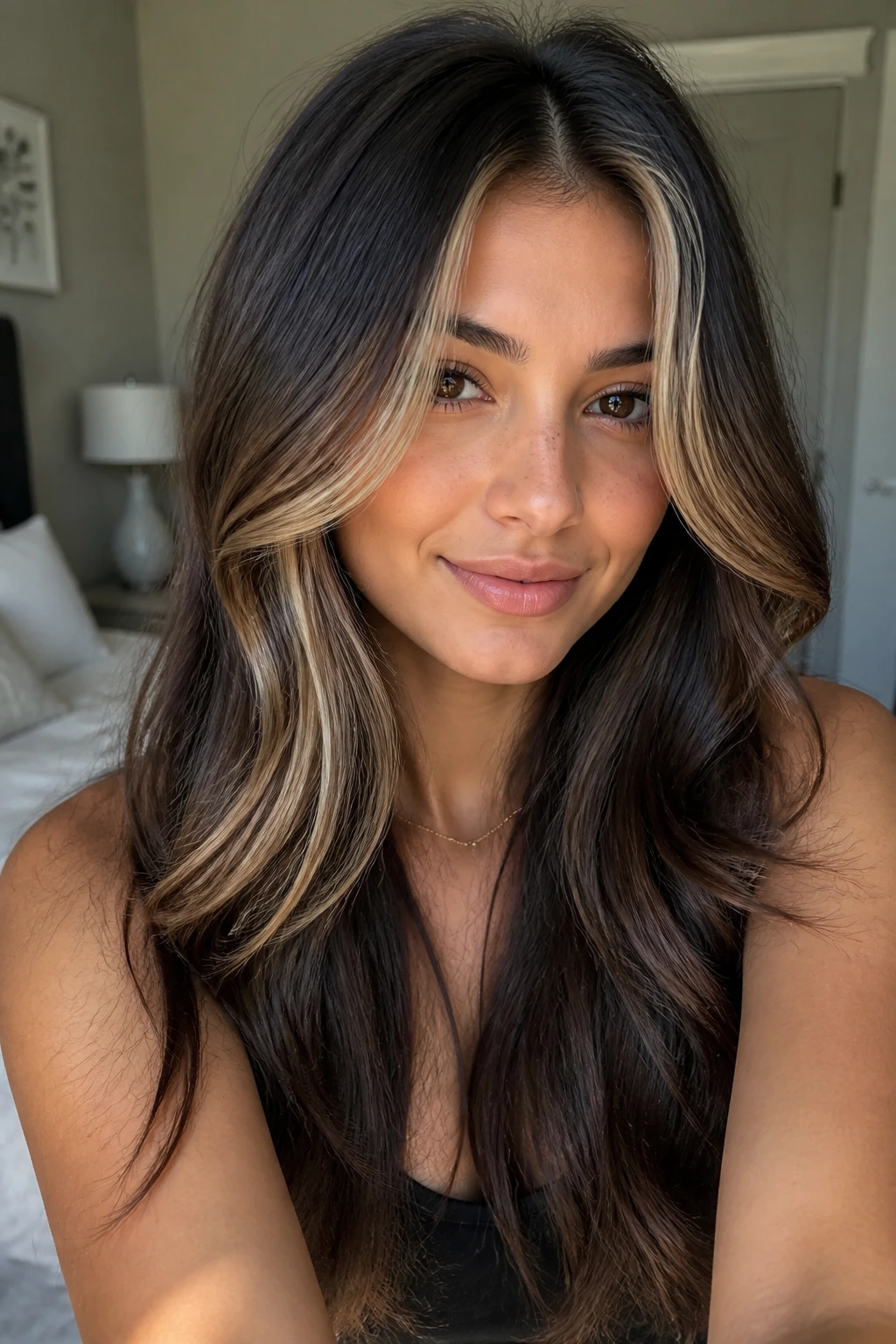 Close-up of a woman with money-piece face-framing lighter strands blending into long hair