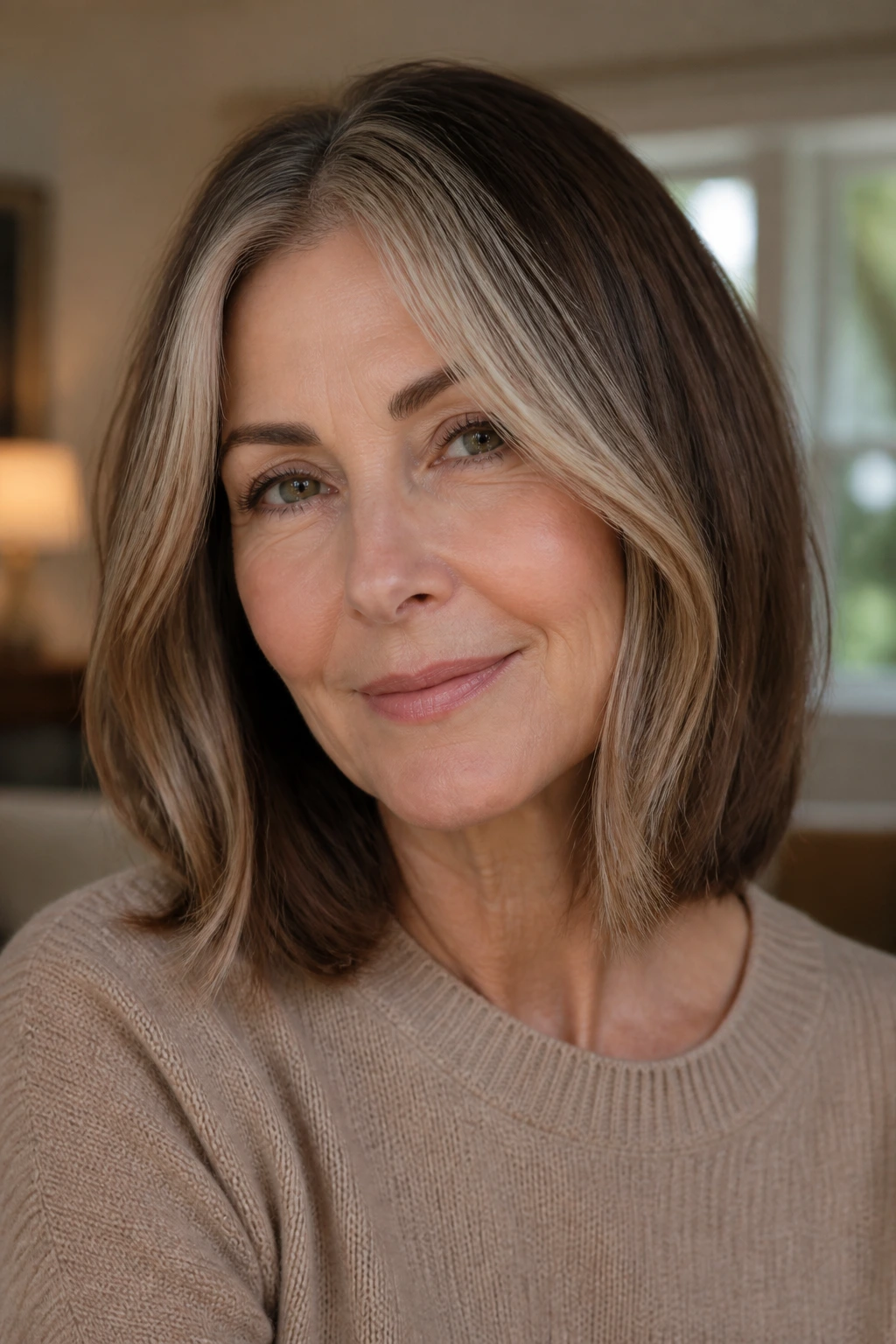 Close-up of a real woman with money-piece lob in brunette and beige light