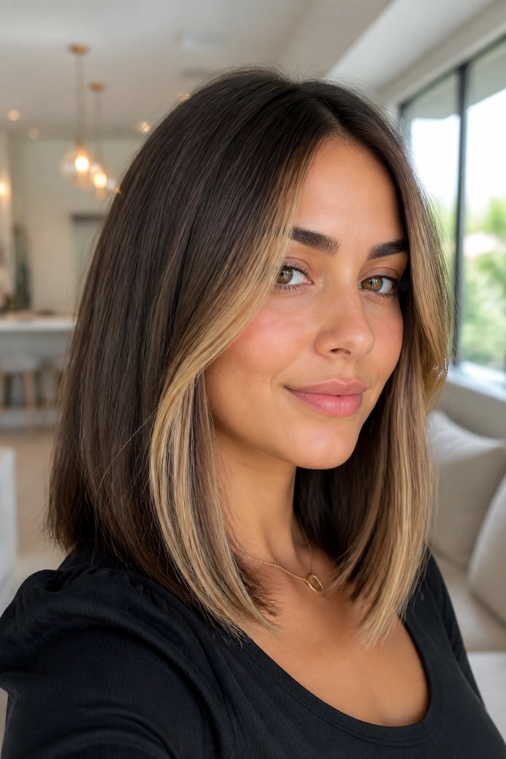 Close-up of a real woman with money-piece lob front highlights brightening the face.