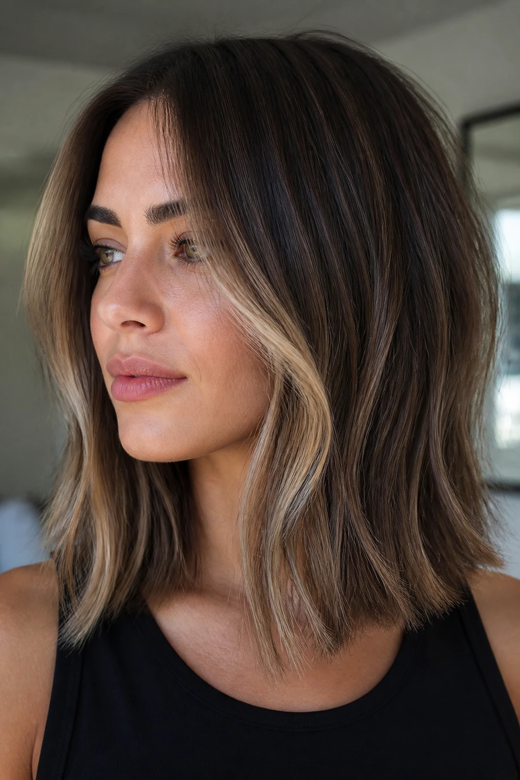 Close-up of a real person with money piece lob featuring blended lighter face-framing strands.