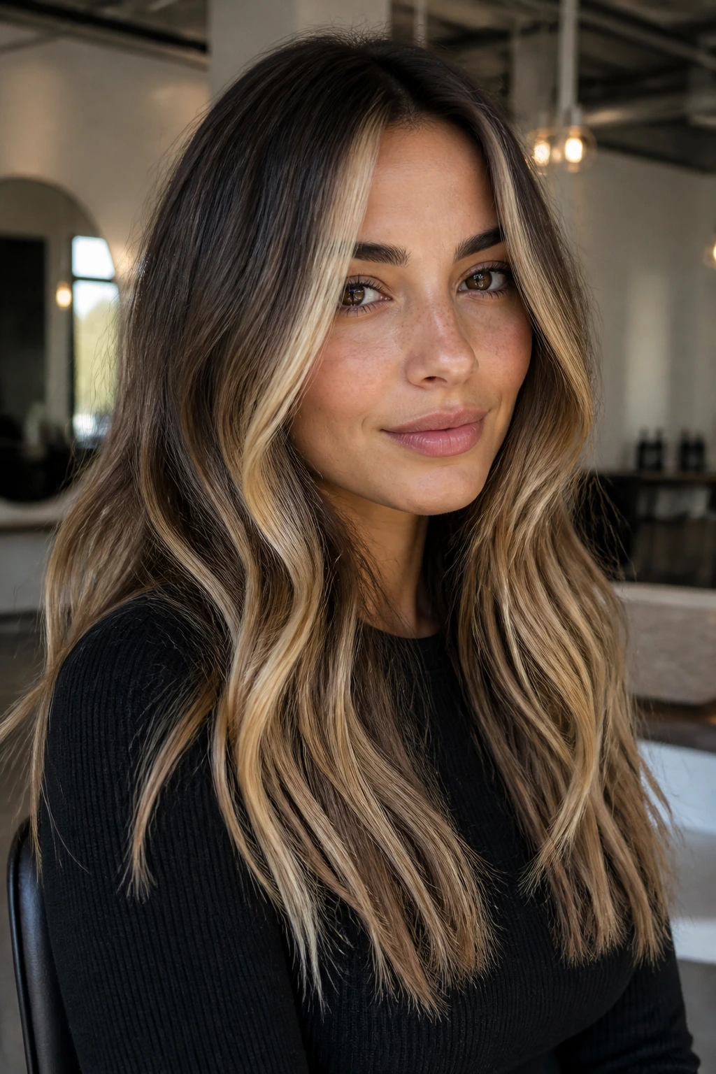 Portrait showing money-piece melt on long ombre hair