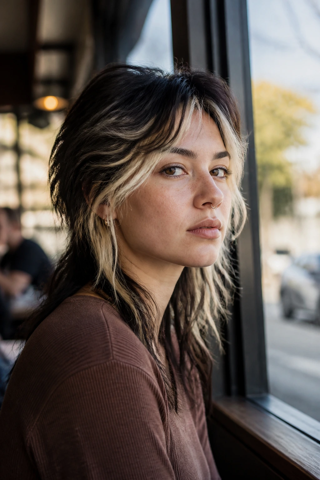 Portrait of a real person with bright money-piece front strands framing the mullet