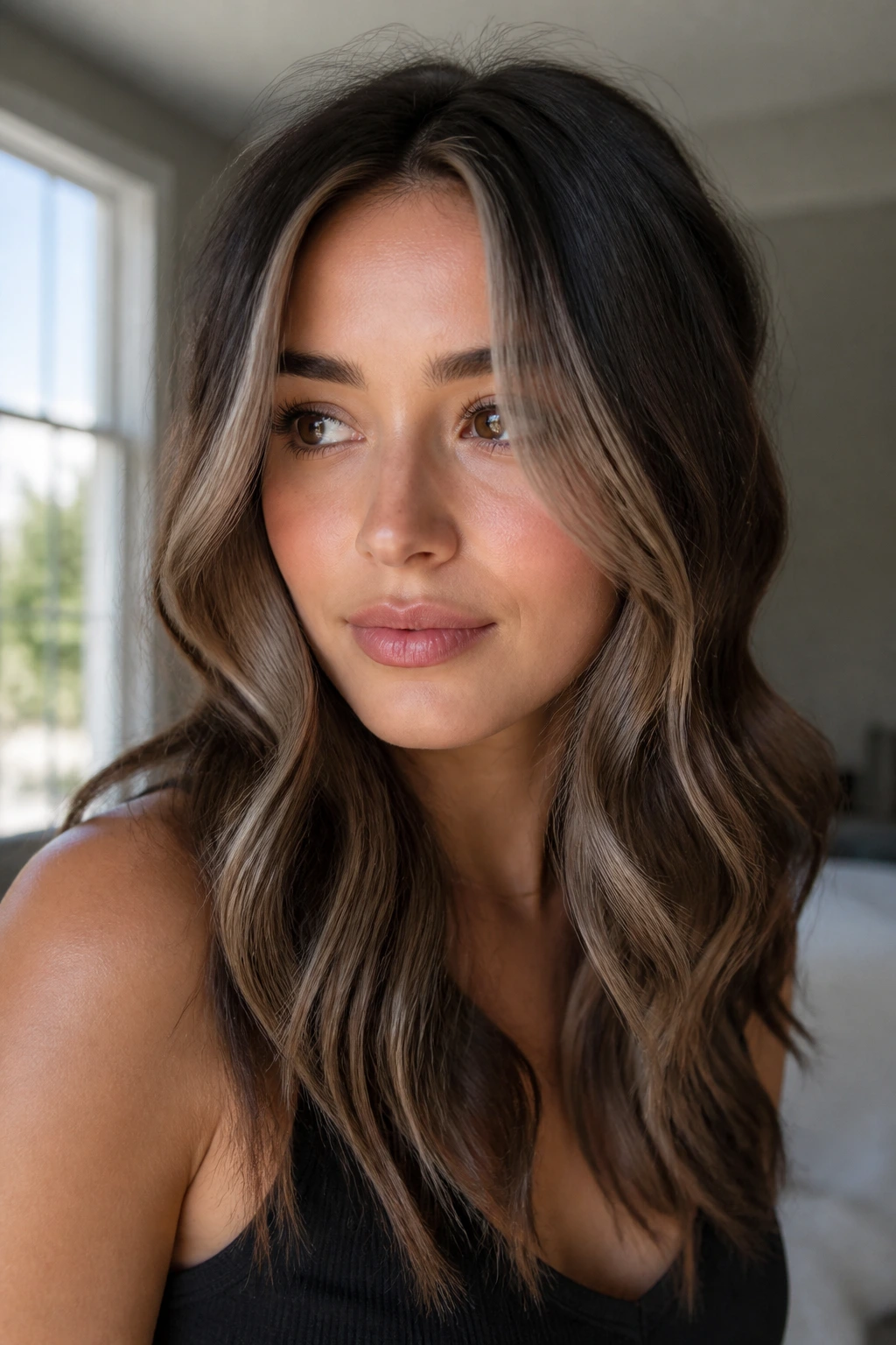 Close-up portrait of a real woman with a mushroom brunette money piece on wavy hair by window light
