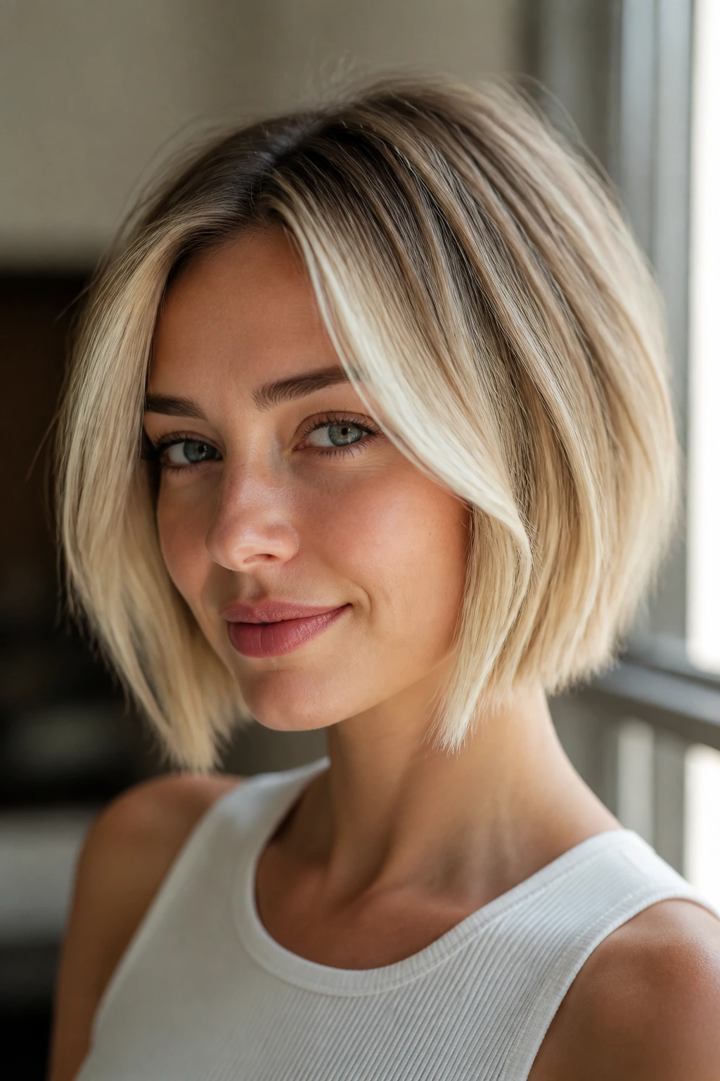 Close-up of a real woman with a short blonde bob illustrating money piece placement.