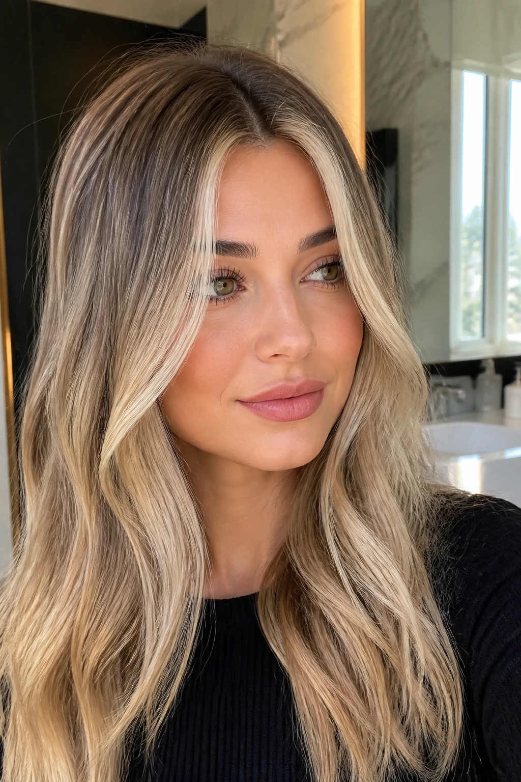 Close-up of blonde hair featuring a bright money piece and a subtle root shadow.