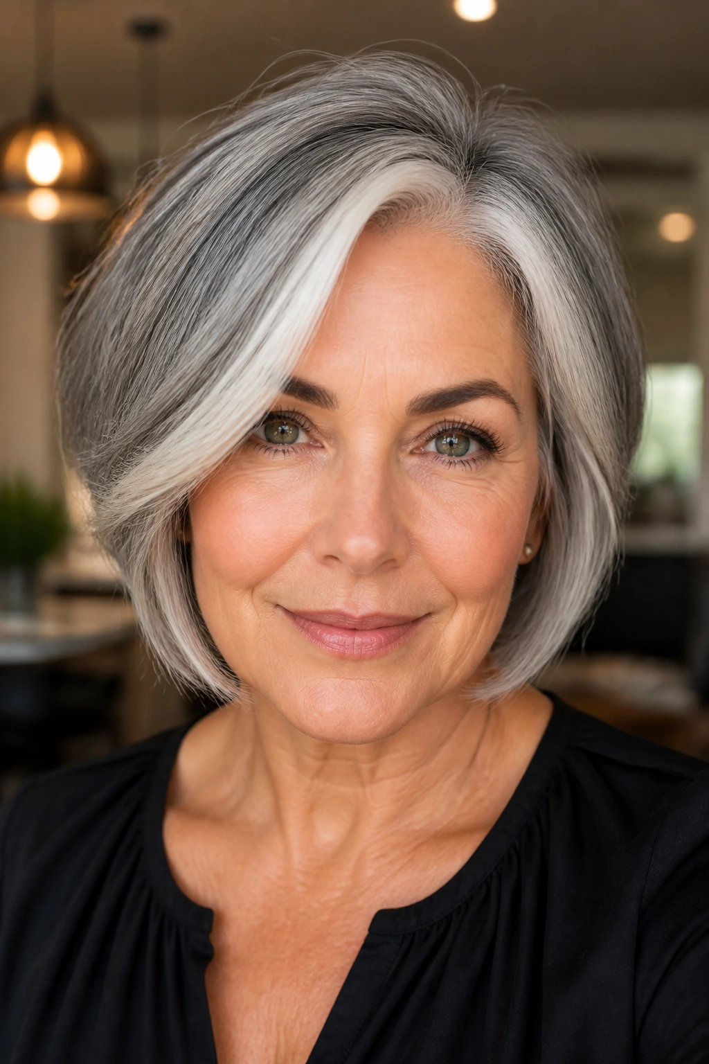 Portrait of a woman with an icy money piece and soft root smudge framing the face