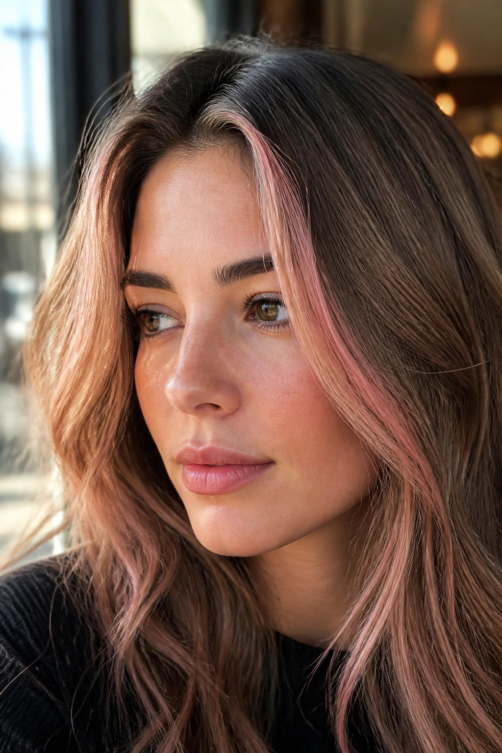 Close-up of a face-framing rose gold money piece on real person's hair