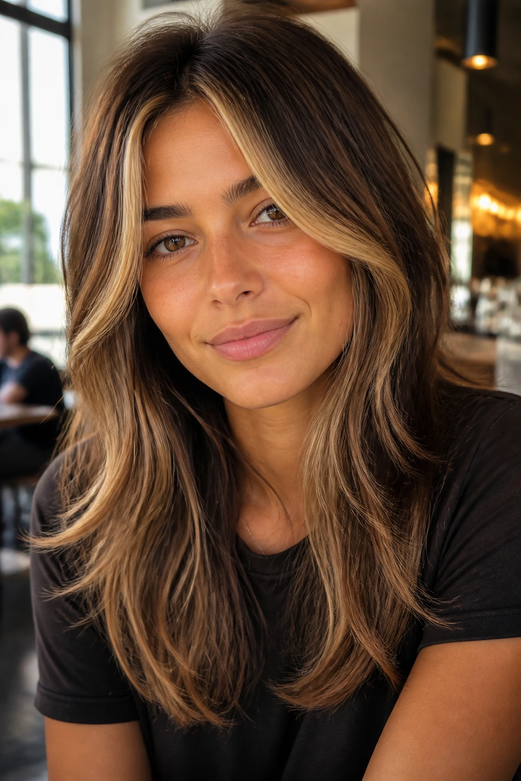 Close-up of a woman with money-piece shag face-framing color