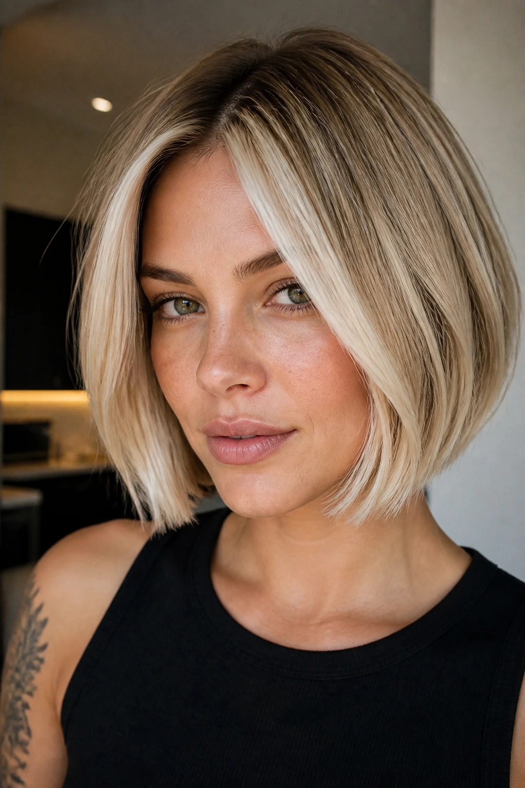 Close-up of a real woman with a short blonde bob and a wide bright money piece at the front