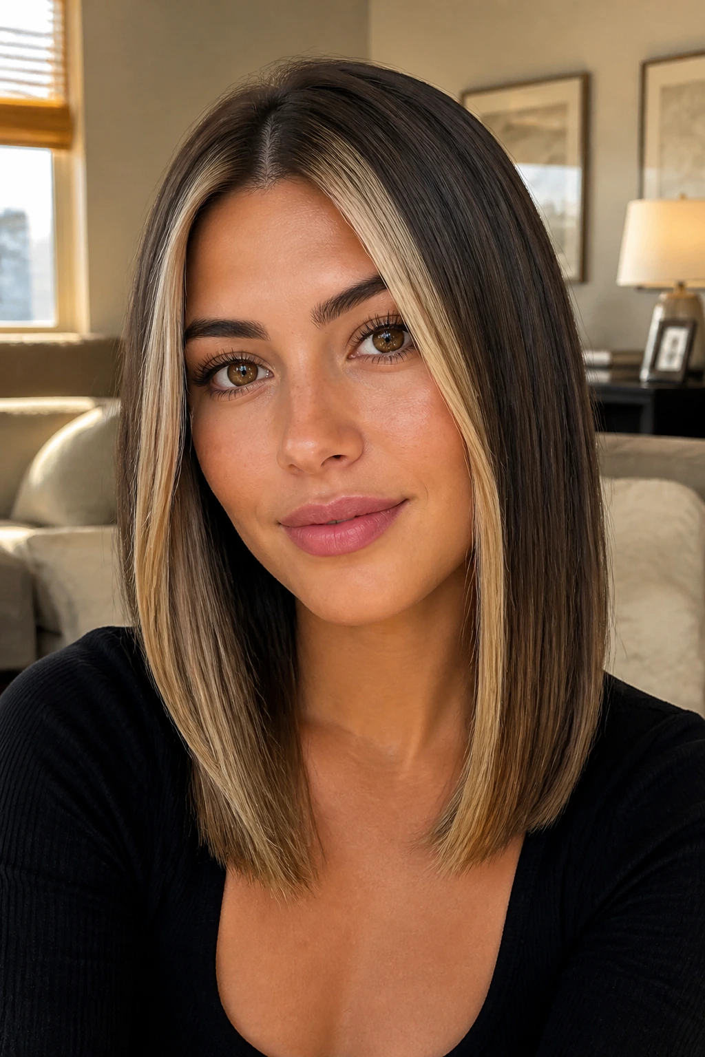 Close-up real woman with Money Piece straight hair framing the face.