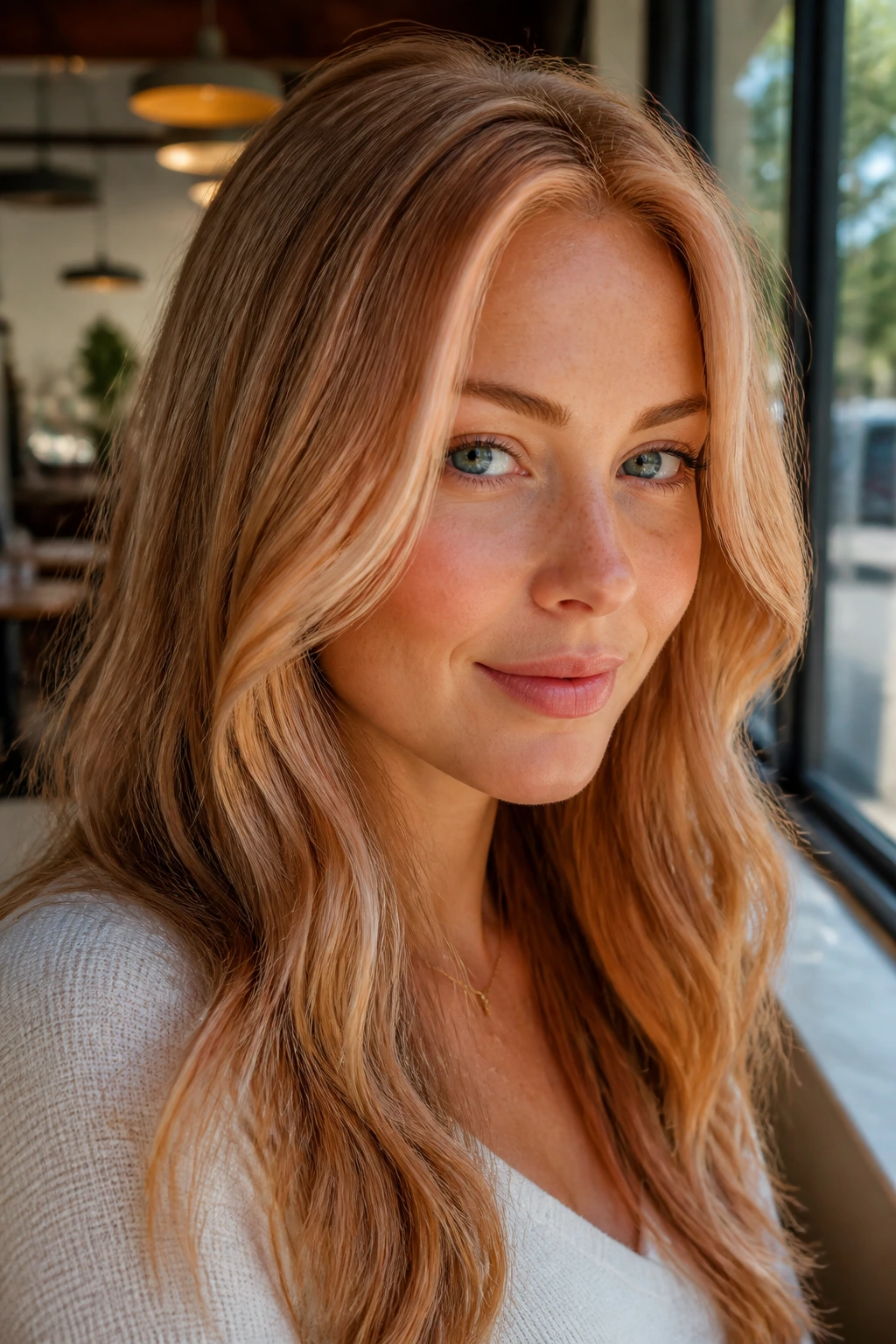 Close-up portrait of a real woman with money piece strawberry blonde
