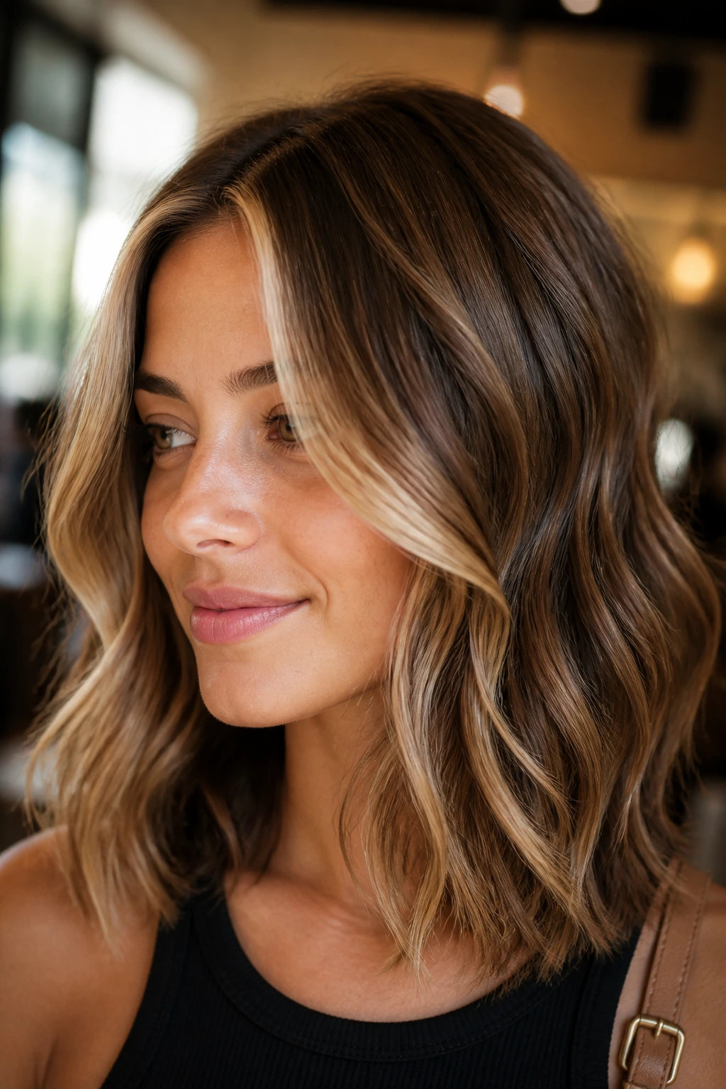 Real person with shoulder-length wavy hair showing a face-framing money piece.