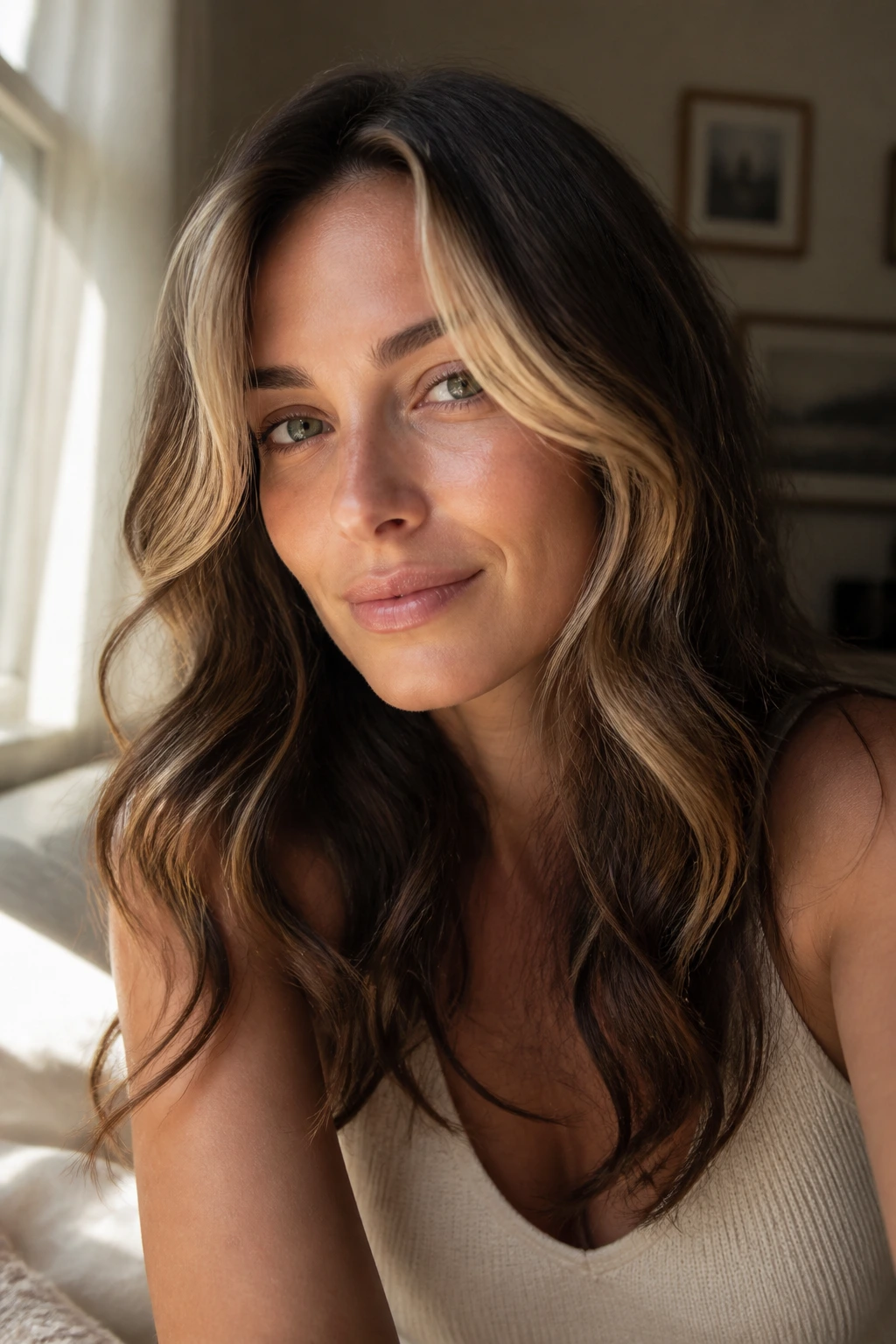 Close-up of a real woman's face with wavy hair and a light money piece framing the front