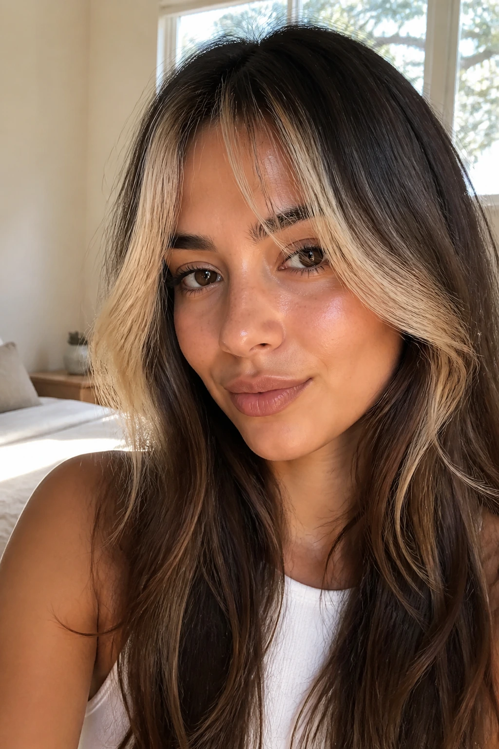 Close-up portrait of a real woman with money-piece wispy bangs and light front framing on long hair