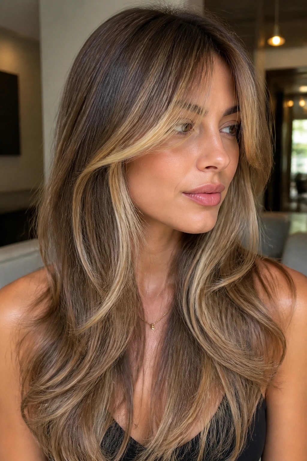 Close-up of a real woman with long layers, money pieces, and curtain bangs.