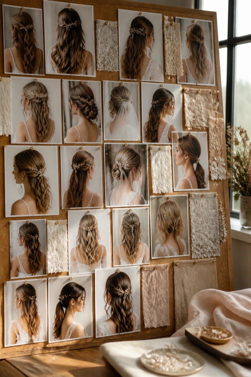 Mood board with bridal hair inspiration pinned in a sunlit studio