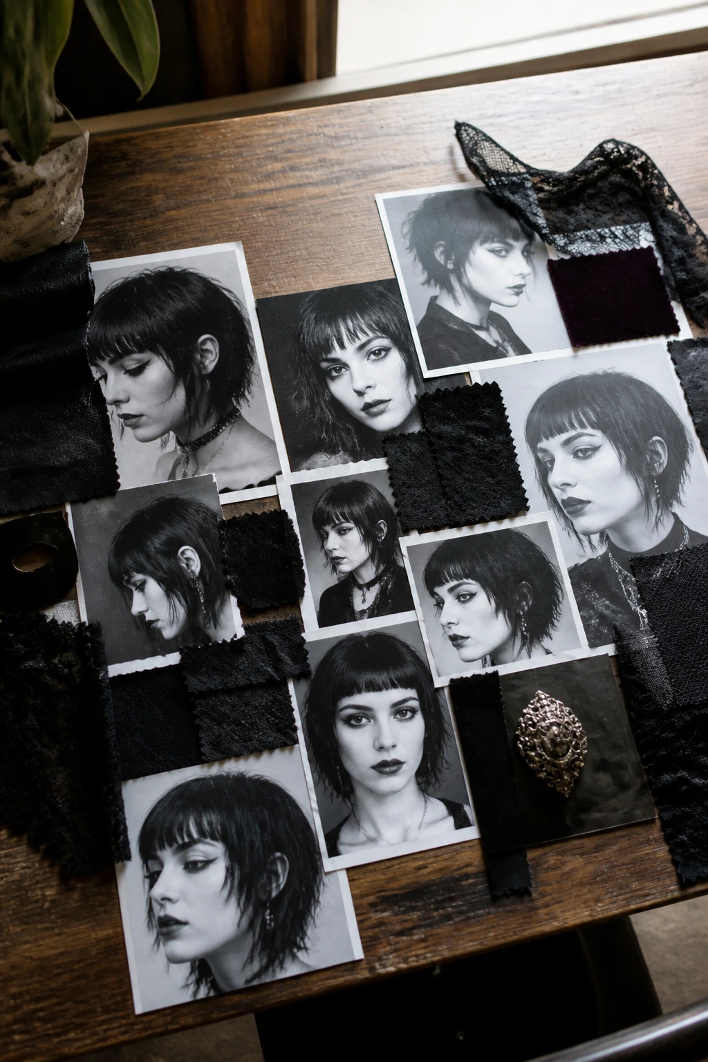 Mood board featuring goth bangs references on a wooden desk.