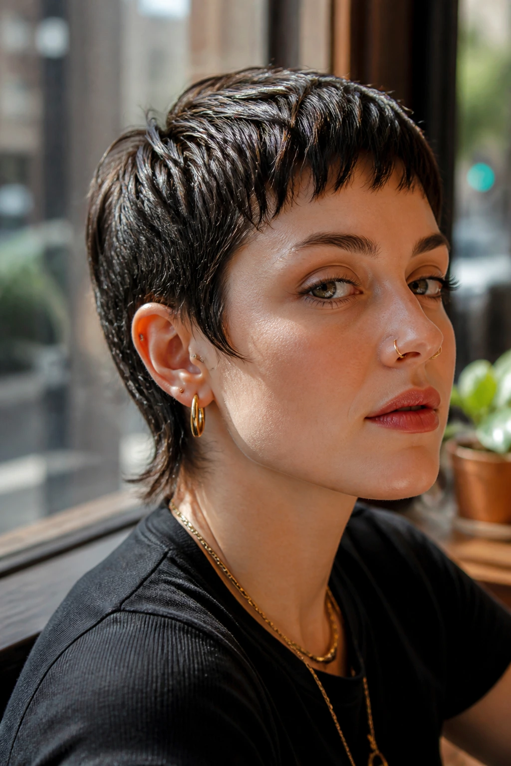 Close-up of a real woman with a bold short crop and side tuck conveying mood