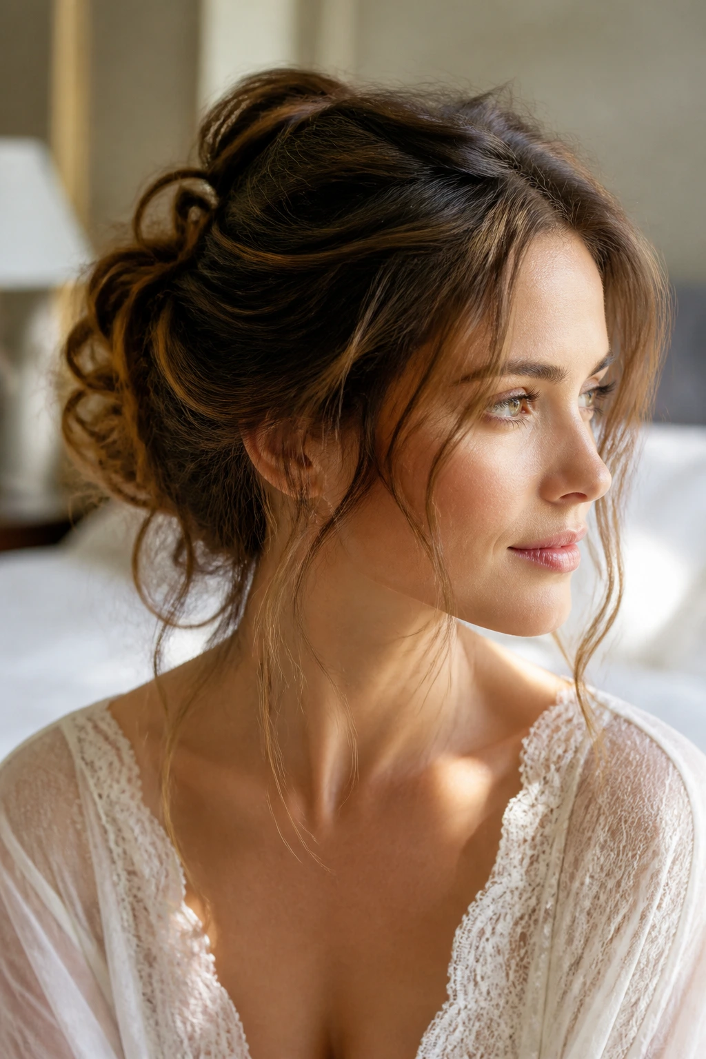 Portrait of a real woman with a soft romantic wavy updo