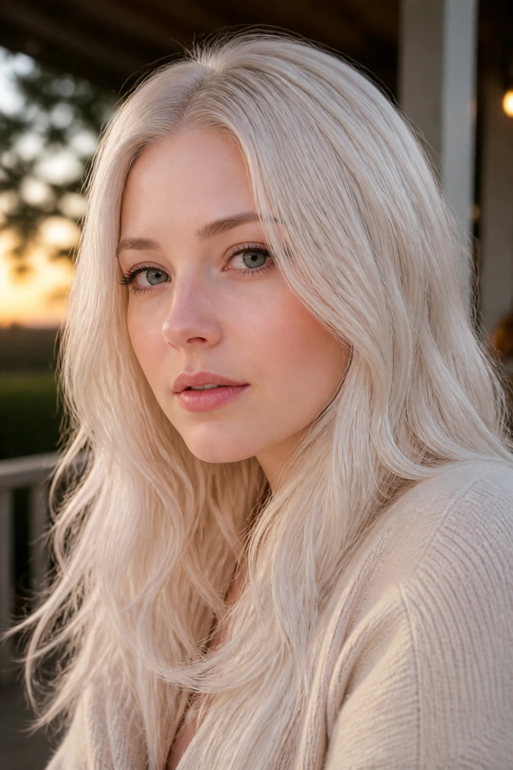 Close-up of a real woman with Moonbeam Pearl Blonde hair at dusk