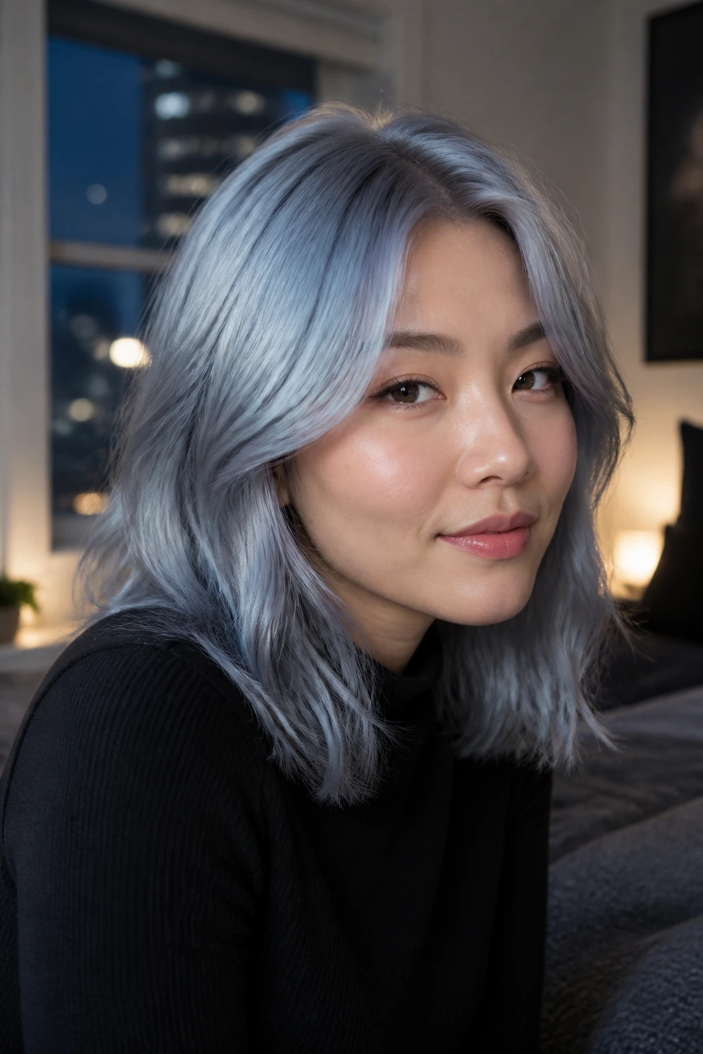 Close-up of a real person with shoulder-length Moonlit Blue Silver hair in soft moonlight