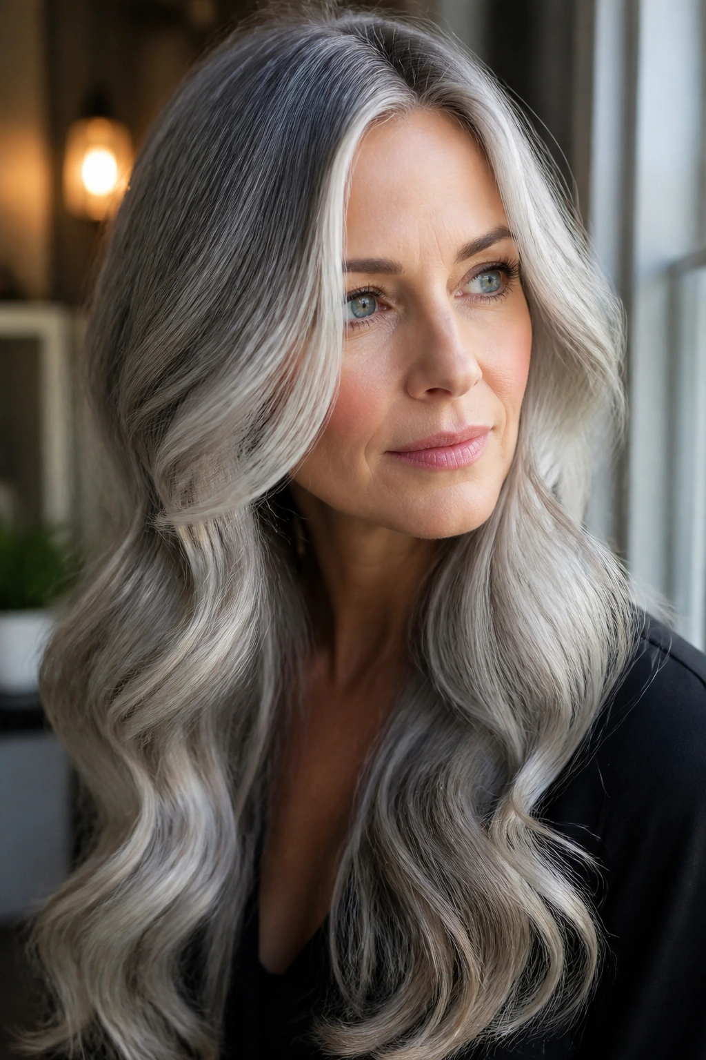 Portrait of person with long moonlit silver waves and soft dimension