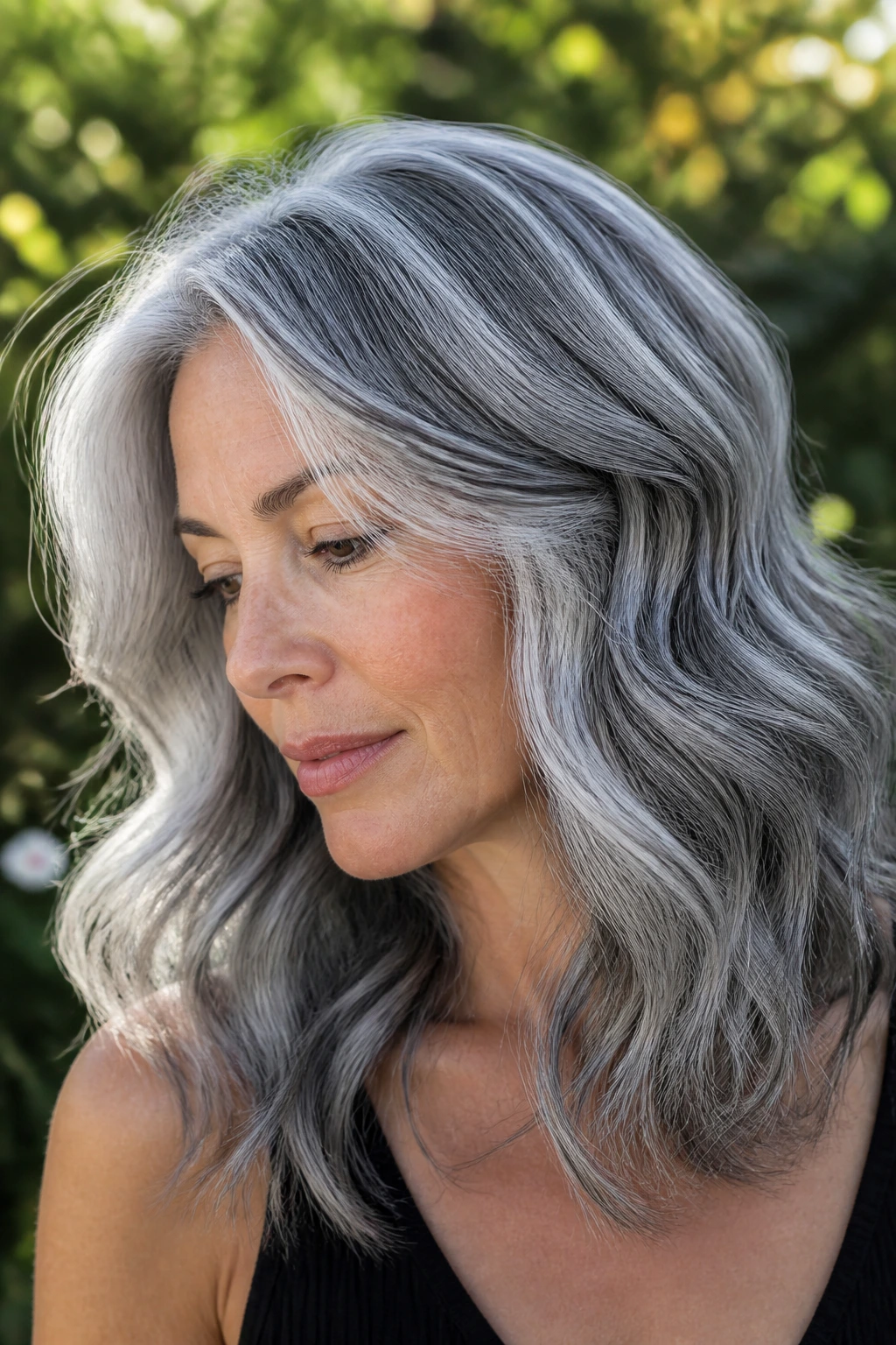 Portrait of a woman with moonlit silver hair in soft waves