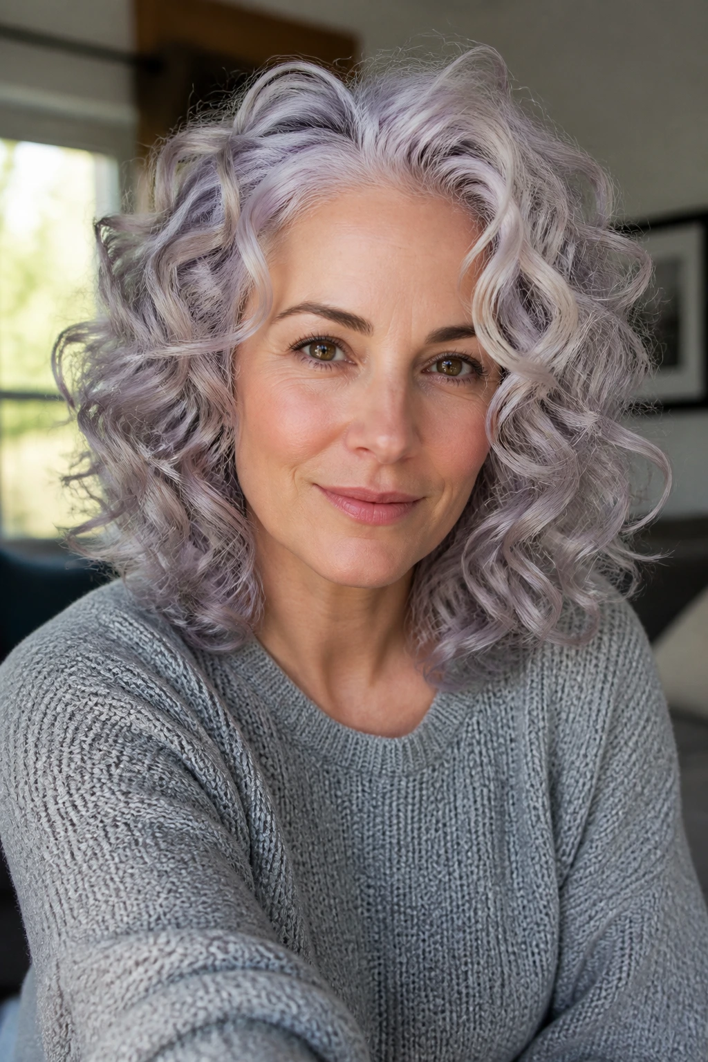 Close-up of a real person with moonstone lavender gray curly hair.