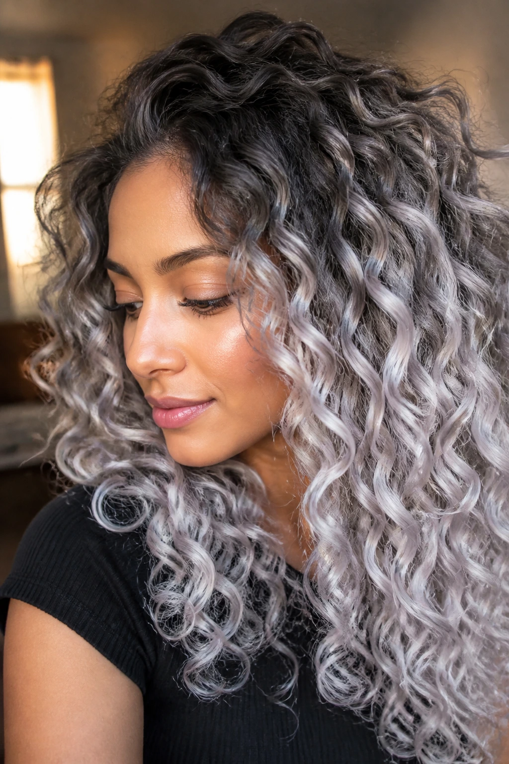 Long curly hair with moonstone silver ombré from root to ends.