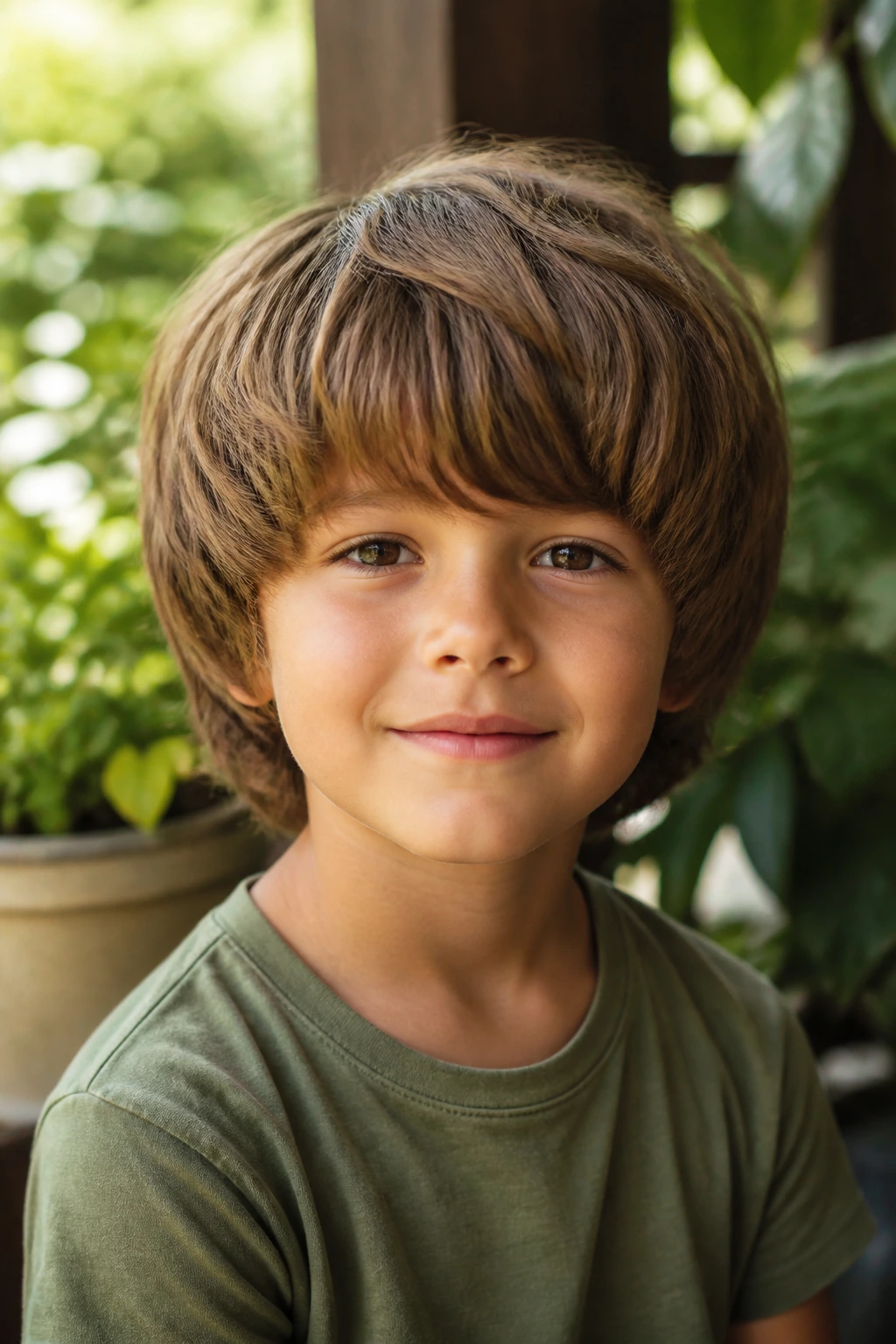 Boy with mop-top hairstyle in warm natural light.