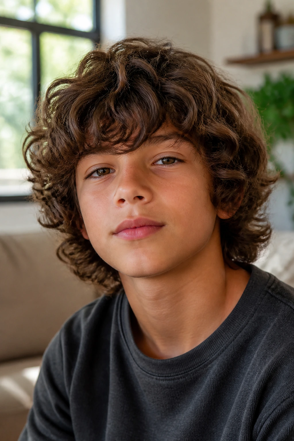 Close-up of a real boy with mop-top curls framing the face