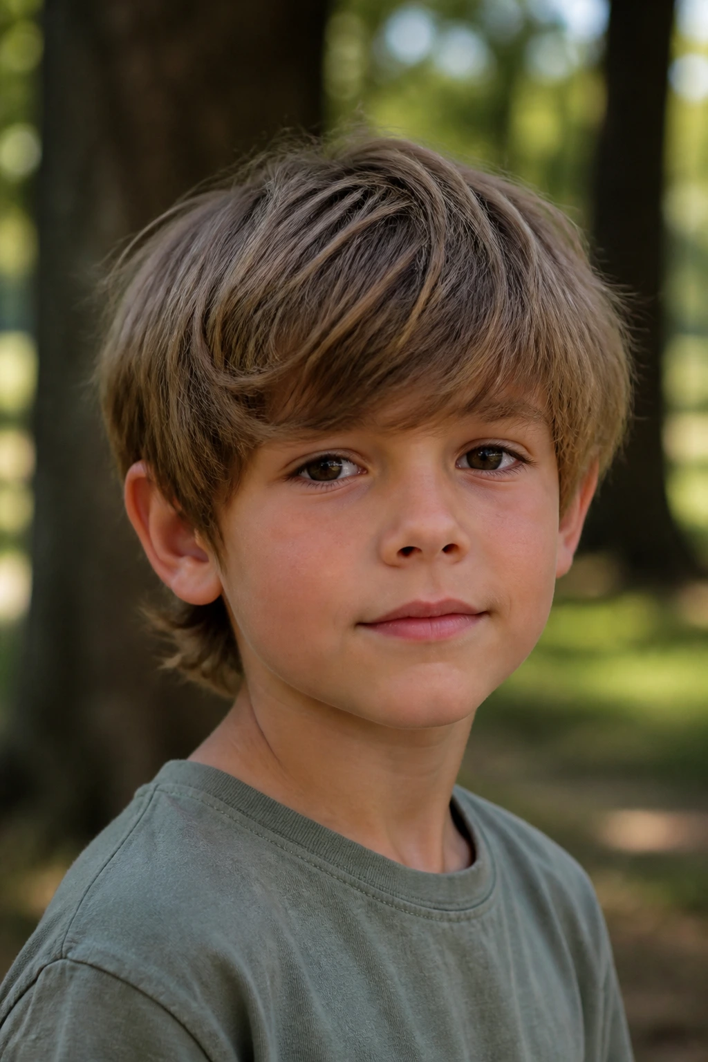 Portrait of real boy sporting a mop top haircut in park.