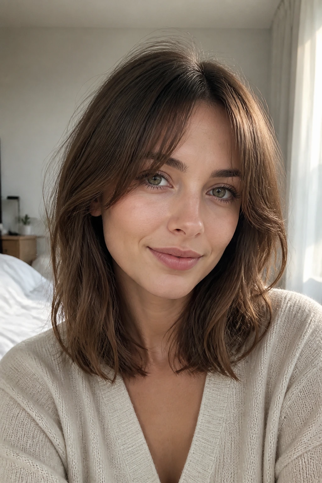Woman with middle-part bangs in morning light