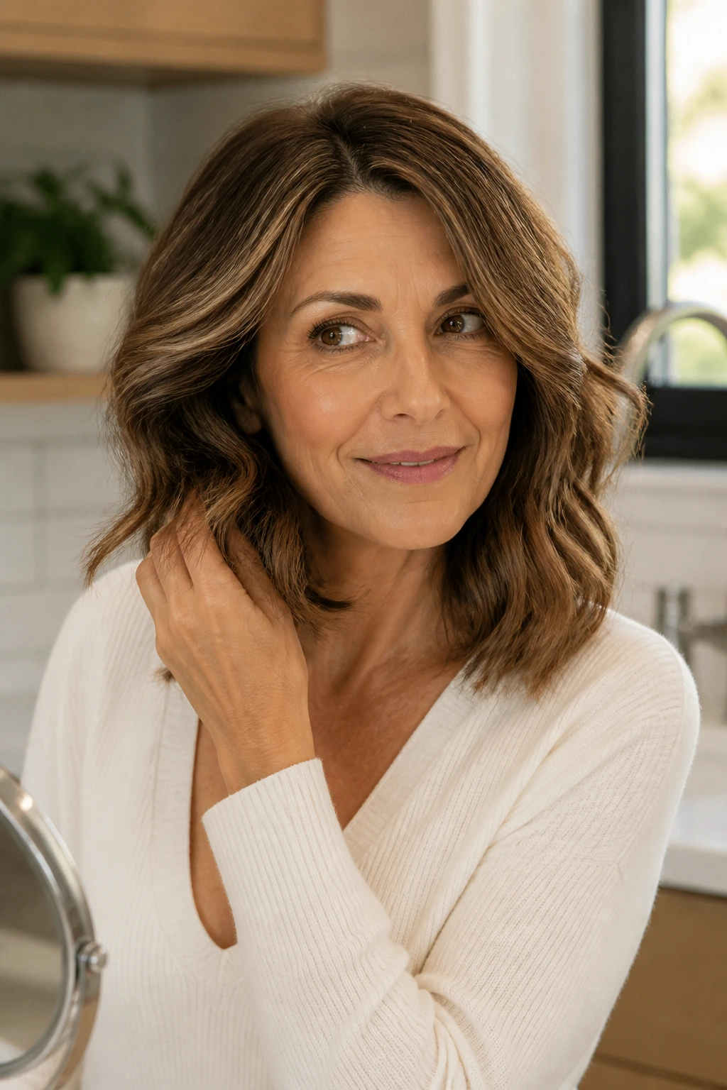 Real woman with side-parted soft wavy hairstyle in dawn light