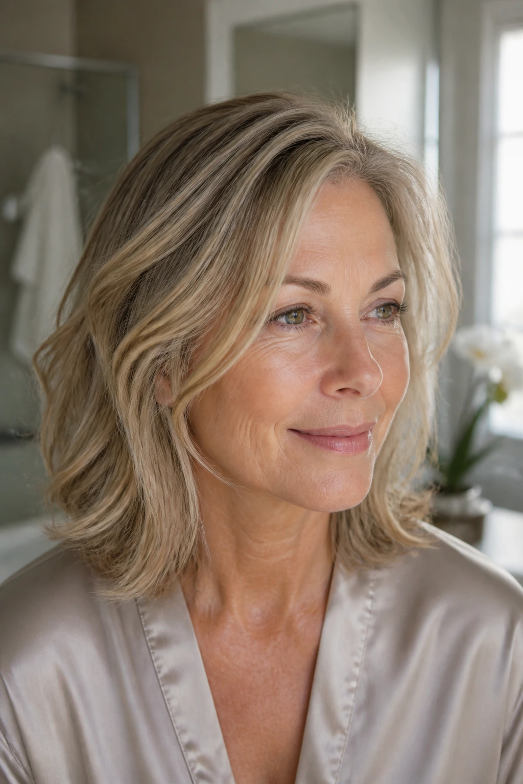 Real woman with shoulder-length hair ready for morning routine.