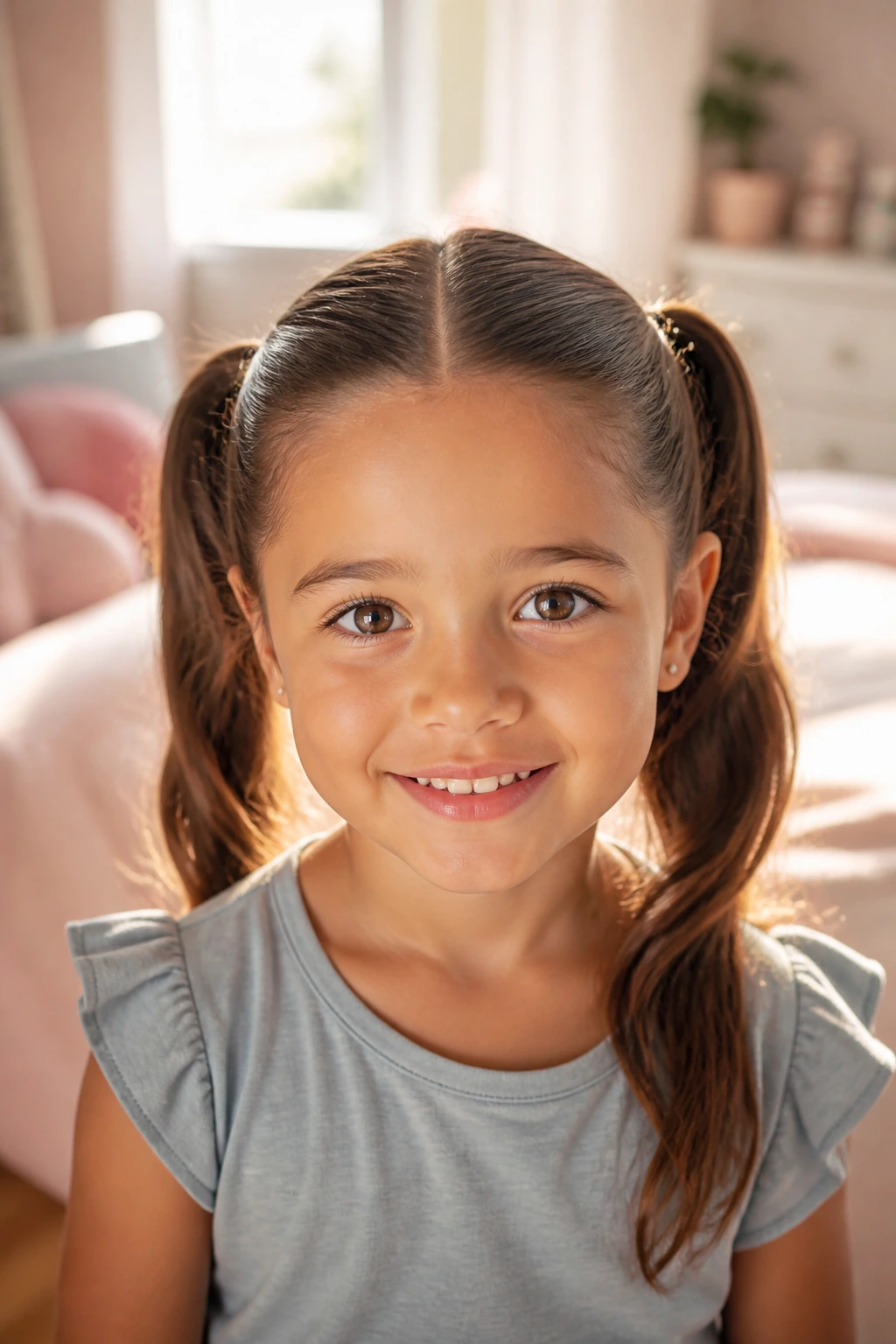 Close-up of a young girl with a center-part hairstyle in a sunlit bedroom