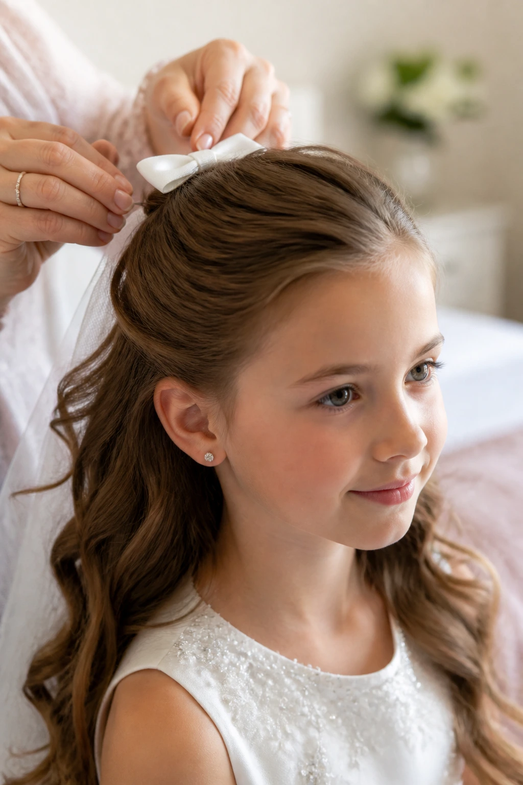 Girl in morning prep with half-up hairstyle and bow
