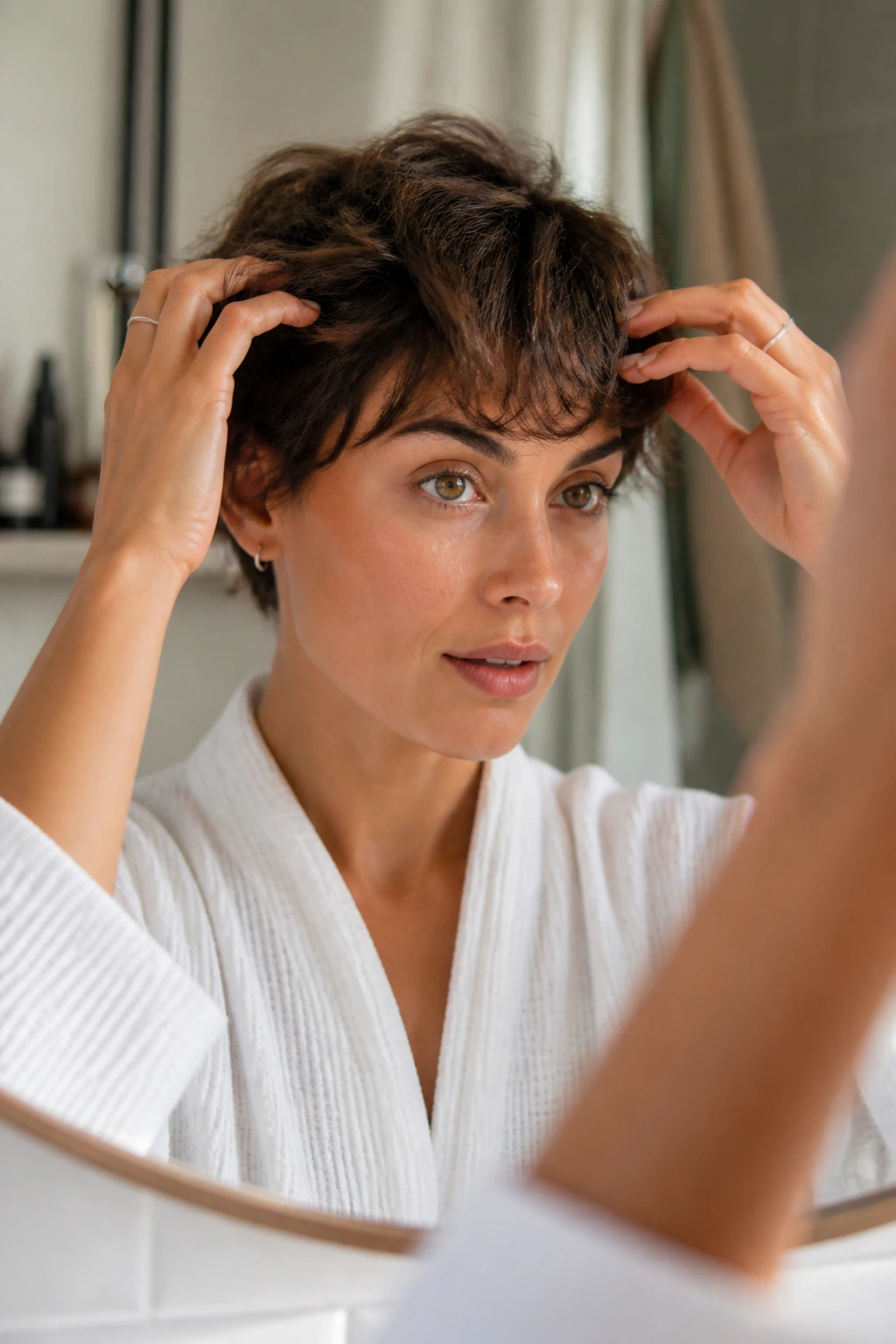 Person styling a short haircut in a sunny morning bathroom