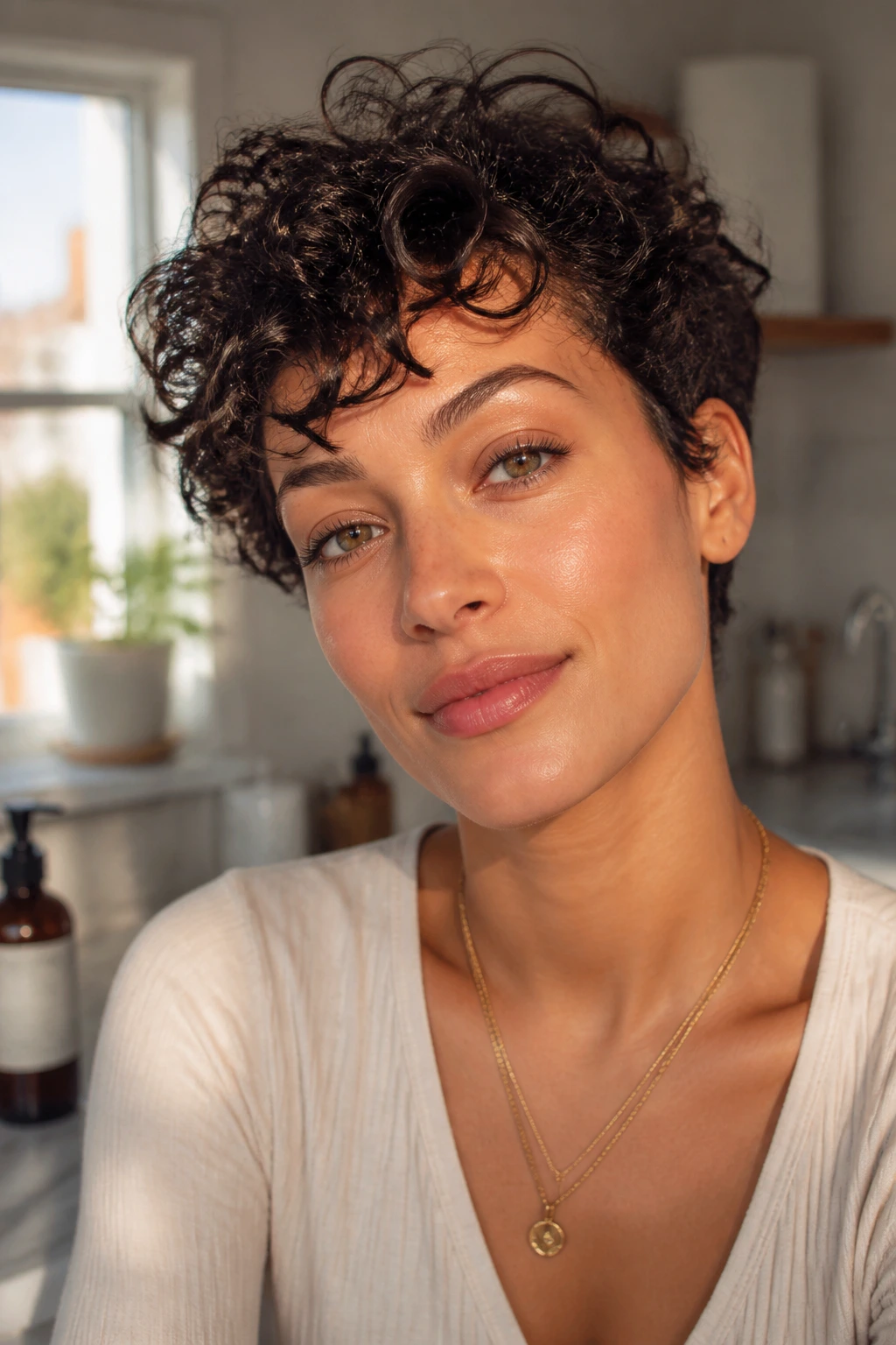Portrait of a real woman with short curls during a morning routine.