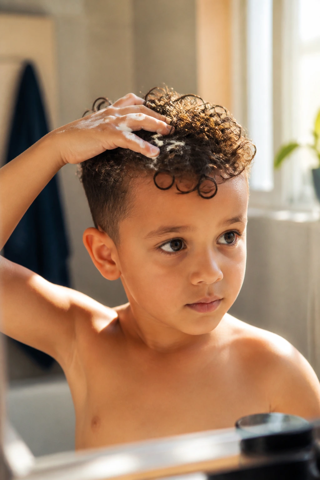 Real child with damp curls styled with leave-in cream in a bathroom.