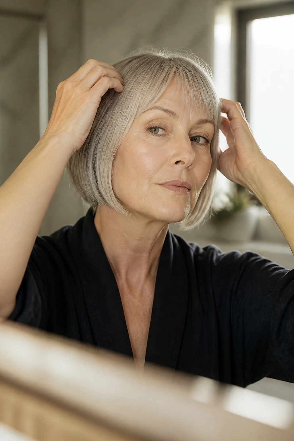 Morning styling portrait of a woman with a short haircut