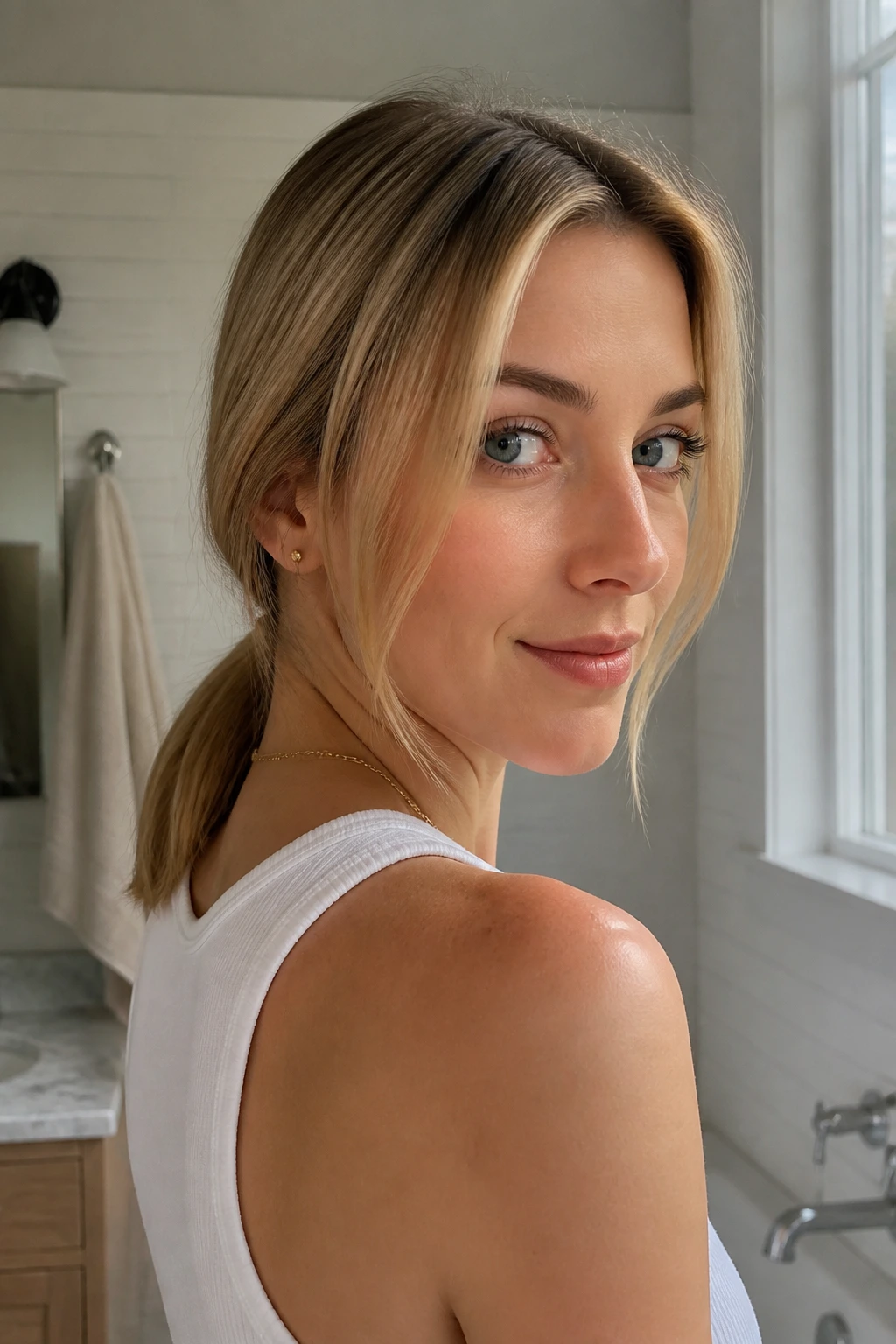 Real person with a practical morning hairstyle in a home setting