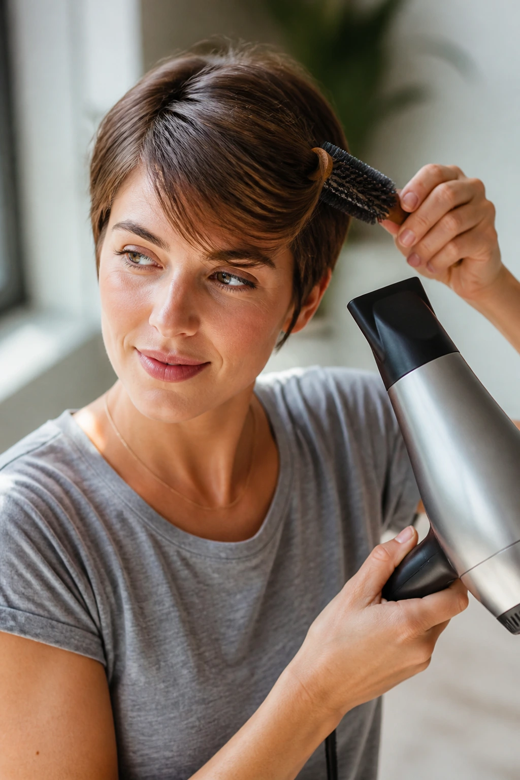 Real morning styling of short side bangs with dryer and brush