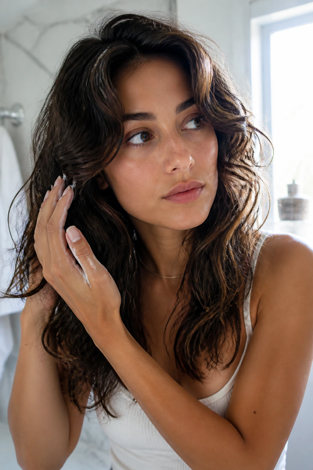 Close-up of a real woman styling layered thick hair in a morning routine