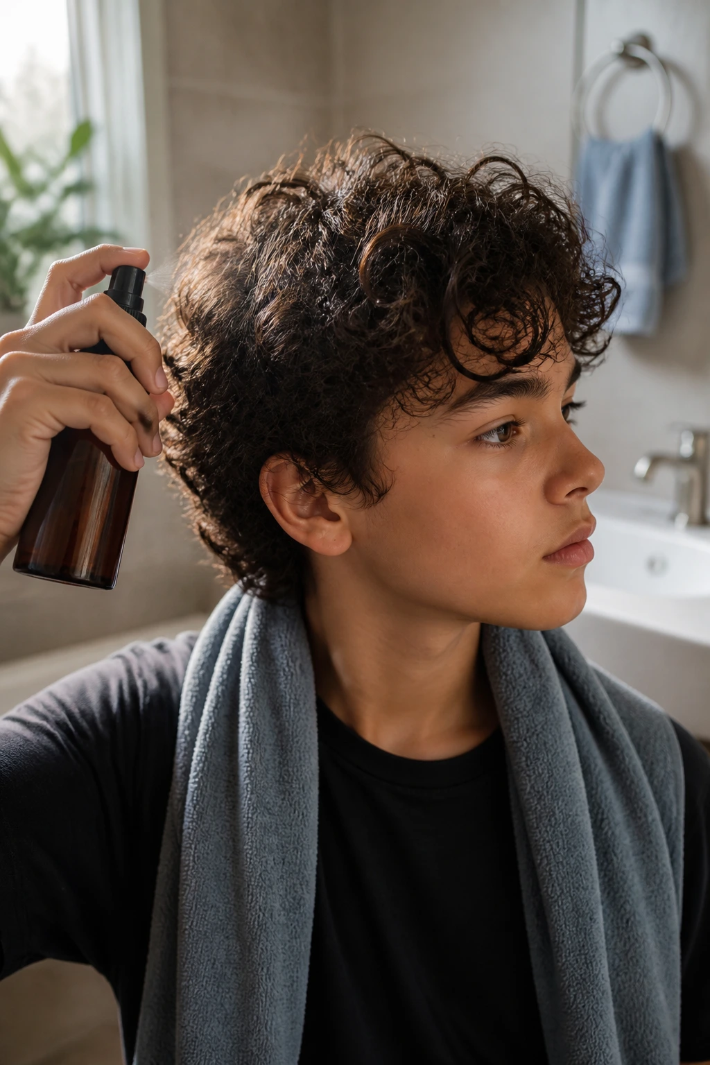 Boy in bathroom using spray bottle on damp curls